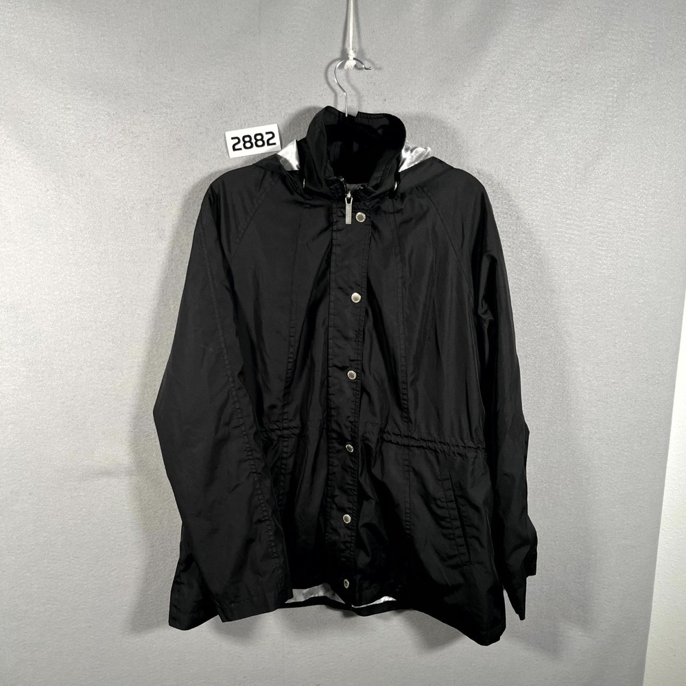 Dennis Basso Rain Jacket Womens Medium Black Full Zip Snap Front Mock Neck